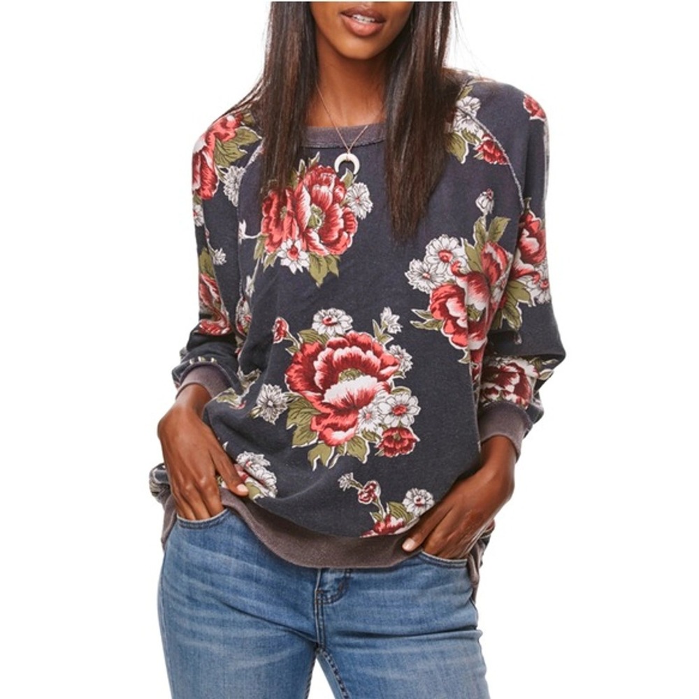 Free People Sweatshirt Women XS Dark Gray Floral Oversized Exposed Seam Pullover